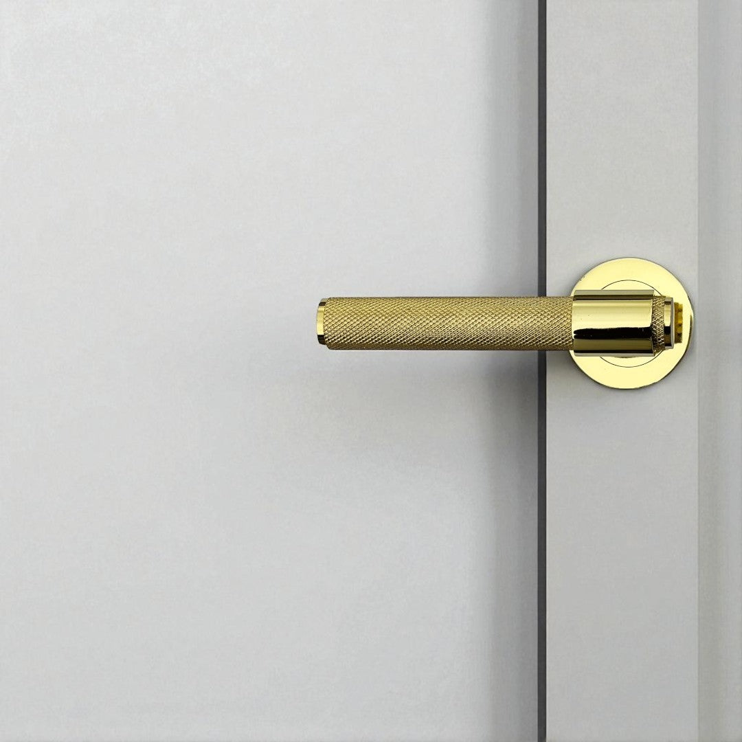 Knurled Door Handles Chrome, Black, Brass – Loop & Neck Lever on Rose Latch