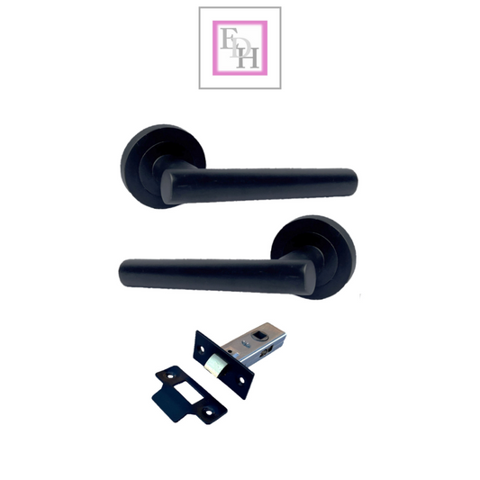 Matt Black T Bar Door Handles on Round Rose with Tubular Latch – 1 Pair