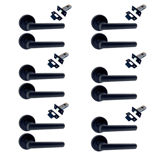 Matt Black T Bar Door Handles on Round Rose with Tubular Latch –  6 Pairs