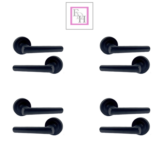Matt Black T Bar Lever Door Handles on Round Rose – 4 Pairs Internal Door Pack