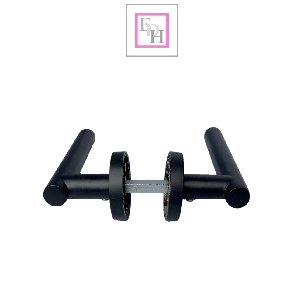 DOOR HANDLES Stylish MATT BLACK T BAR on Round Rose STRAIGHT HANDLE 1 - 10 sets