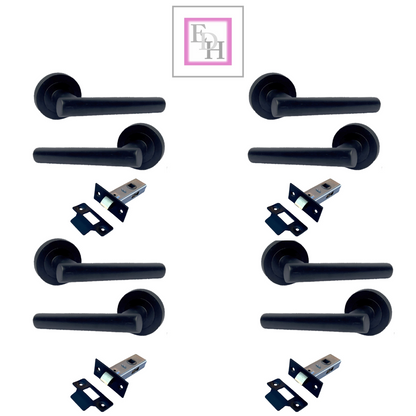 Matt Black T Bar Door Handles on Round Rose with Tubular Latch – 4 Pairs
