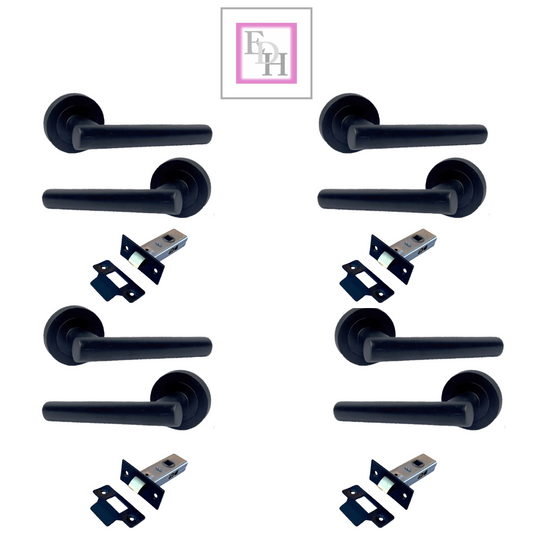 Matt Black T Bar Door Handles on Round Rose with Tubular Latch – 4 Pairs