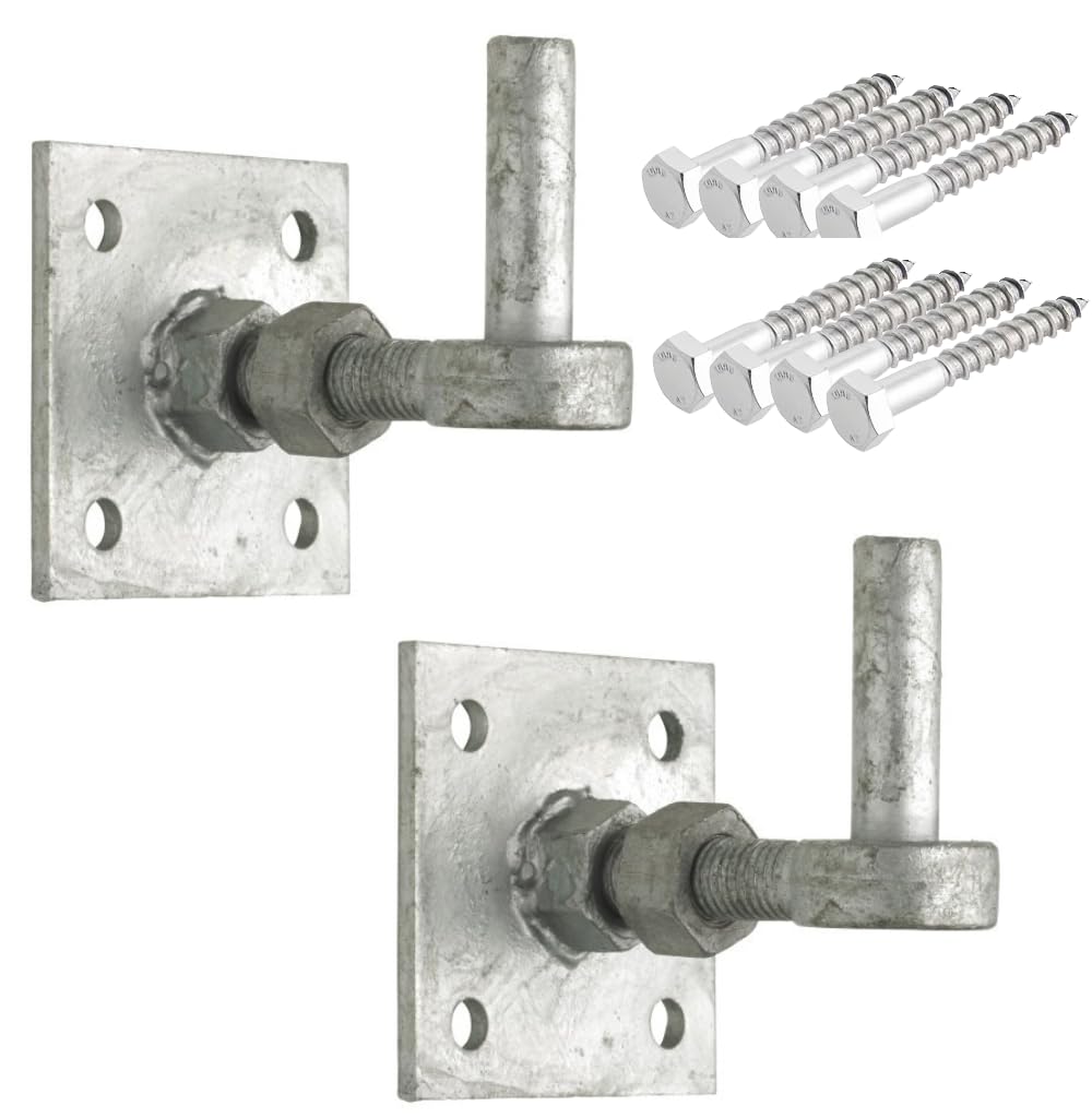 Adjustable Hook on 4” x 4” Plates (Pair) – Galvanised Steel Finish | Heavy-Duty Gate or Door Hinge | Includes Fixings | Rust-Resistant, Adjustable Fit