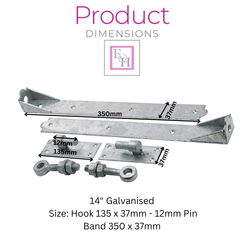14" Adjustable Hook and Band Hinges – Galvanized Heavy-Duty Gate & Door Hinges – Rust-Resistant Outdoor Hardware with 12mm Pin