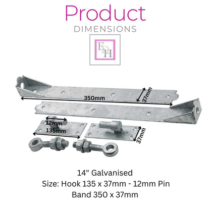 14" Adjustable Hook and Band Hinges – Galvanized Heavy-Duty Gate & Door Hinges – Rust-Resistant Outdoor Hardware with 12mm Pin
