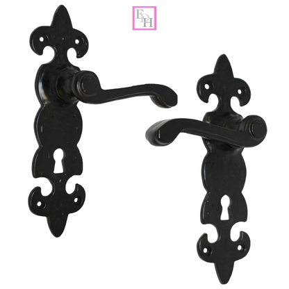 Black Cast Iron Fleur-de-Lys Lever Lock Door Handles  Ornate Antique Internal
