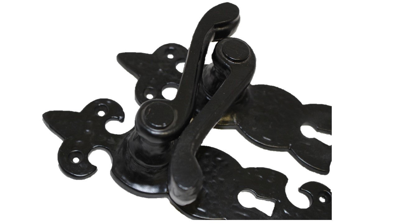 Black Cast Iron Fleur-de-Lys Lever Lock Door Handles  Ornate Antique Internal
