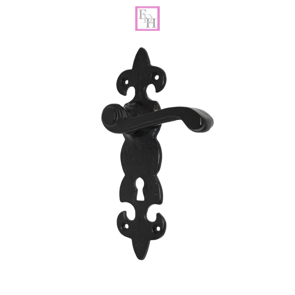 Black Cast Iron Fleur-de-Lys Lever Lock Door Handles  Ornate Antique Internal