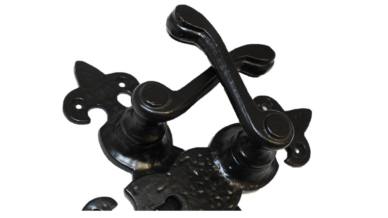 Black Cast Iron Fleur-de-Lys Lever Lock Door Handles  Ornate Antique Internal