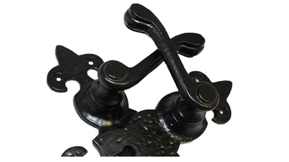 Black Cast Iron Fleur-de-Lys Lever Lock Door Handles  Ornate Antique Internal