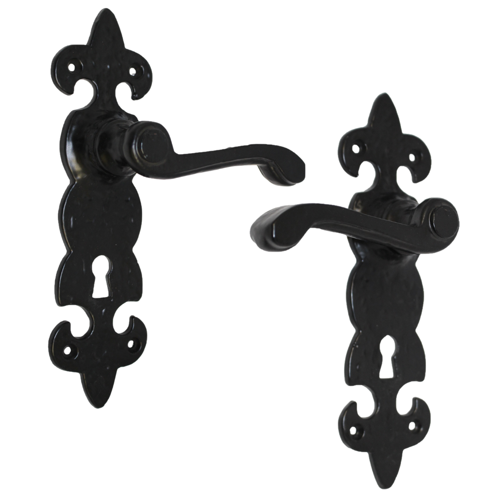 Black Cast Iron Fleur-de-Lys Lever Lock Door Handles  Ornate Antique Internal