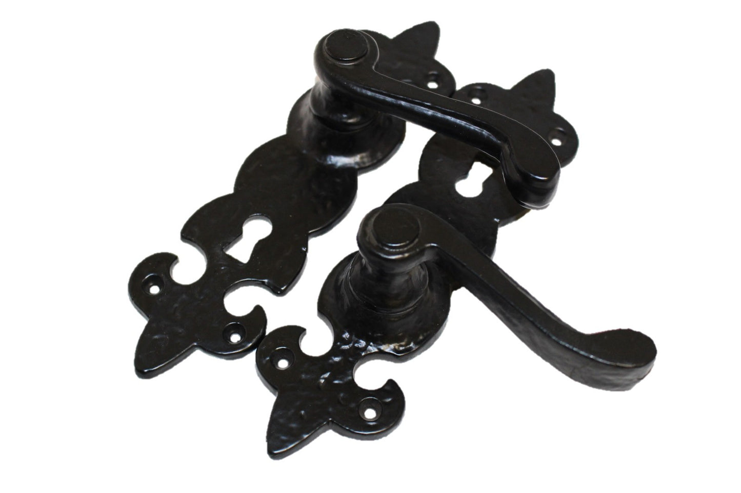 Black Cast Iron Fleur-de-Lys Lever Lock Door Handles  Ornate Antique Internal