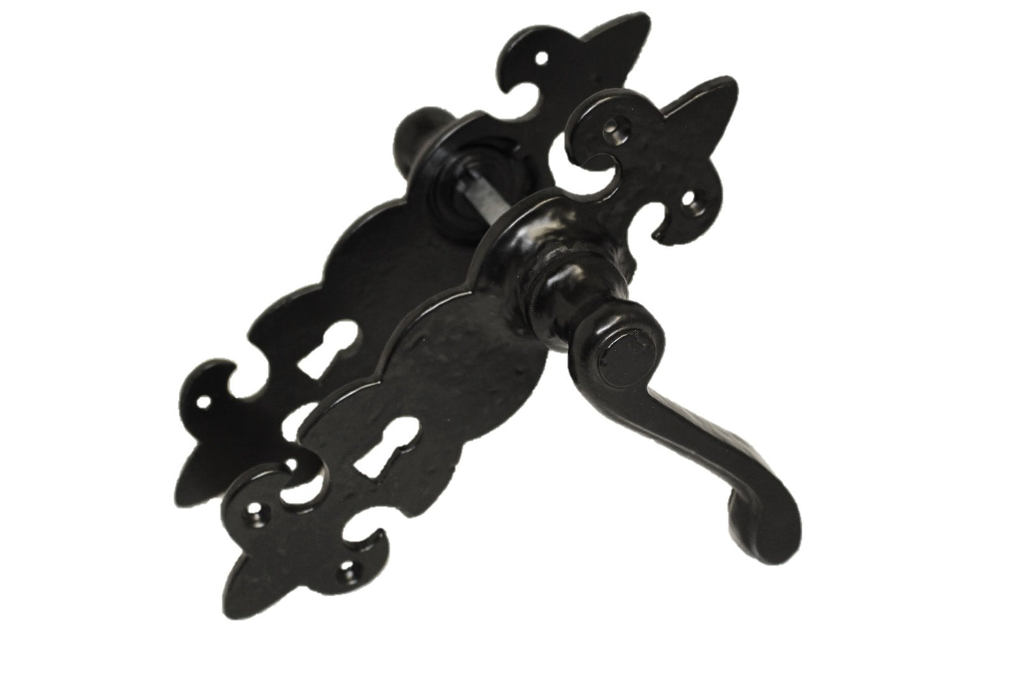 Black Cast Iron Fleur-de-Lys Lever Lock Door Handles  Ornate Antique Internal