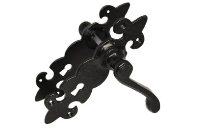 Black Cast Iron Fleur-de-Lys Lever Lock Door Handles  Ornate Antique Internal