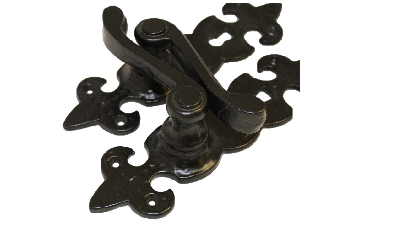 Black Cast Iron Fleur-de-Lys Lever Lock Door Handles  Ornate Antique Internal