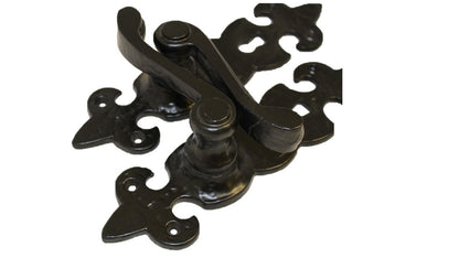 Black Cast Iron Fleur-de-Lys Lever Lock Door Handles  Ornate Antique Internal