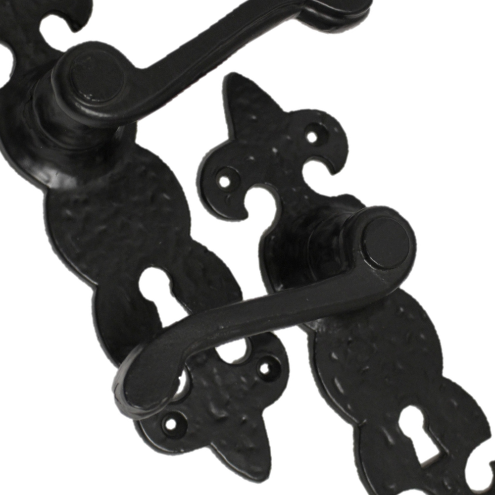 Black Cast Iron Fleur-de-Lys Lever Lock Door Handles  Ornate Antique Internal