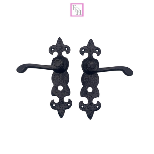 Black Cast Iron Fleur-de-Lys Bathroom Door Handles – Antique Privacy Lever Set