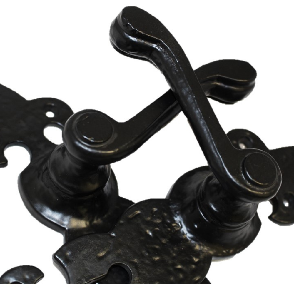 Black Cast Iron Fleur-de-Lys Lever Lock Door Handles  Ornate Antique Internal