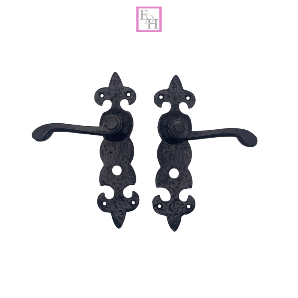 Black Cast Iron Fleur-de-Lys Bathroom Door Handles – Antique Privacy Lever Set