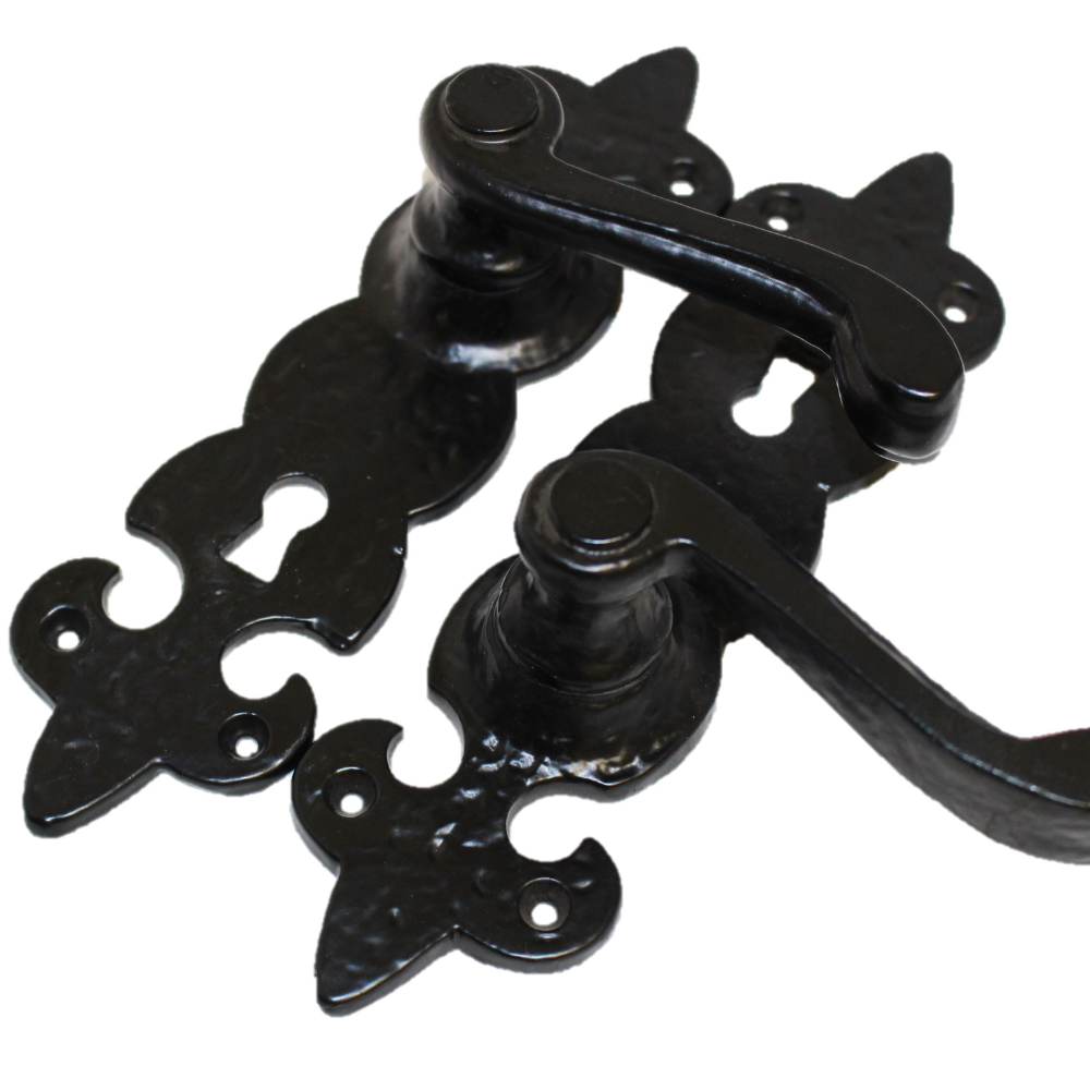 Black Cast Iron Fleur-de-Lys Lever Lock Door Handles  Ornate Antique Internal