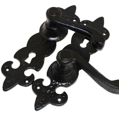 Black Cast Iron Fleur-de-Lys Lever Lock Door Handles  Ornate Antique Internal