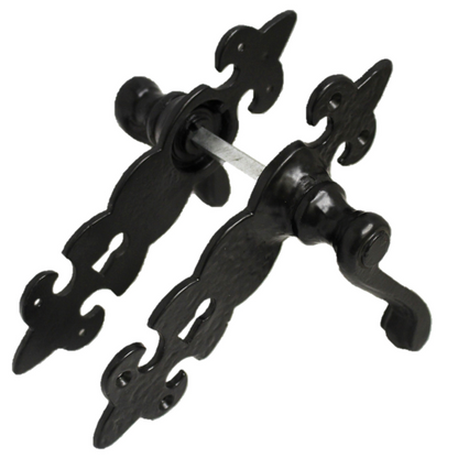 Black Cast Iron Fleur-de-Lys Lever Lock Door Handles  Ornate Antique Internal