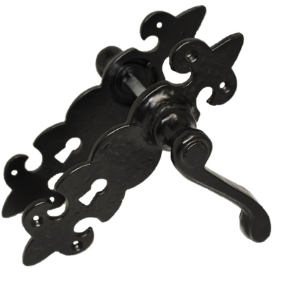Black Cast Iron Fleur-de-Lys Lever Lock Door Handles  Ornate Antique Internal