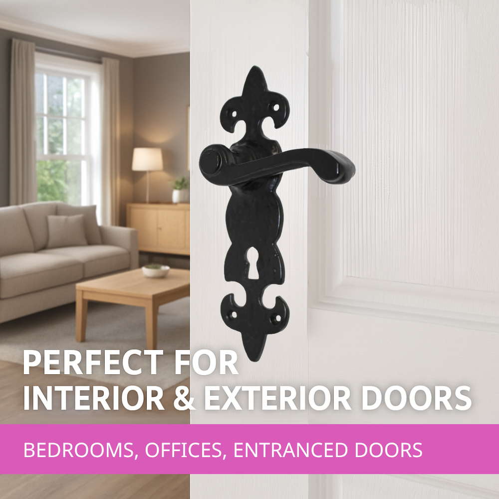 Black Cast Iron Fleur-de-Lys Lever Lock Door Handles  Ornate Antique Internal