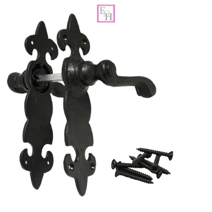 Black Cast Iron Fleur-de-Lys Lever Lock Door Handles  Ornate Antique Internal