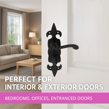 Black Cast Iron Fleur-de-Lys Bathroom Door Handles – Antique Privacy Lever Set