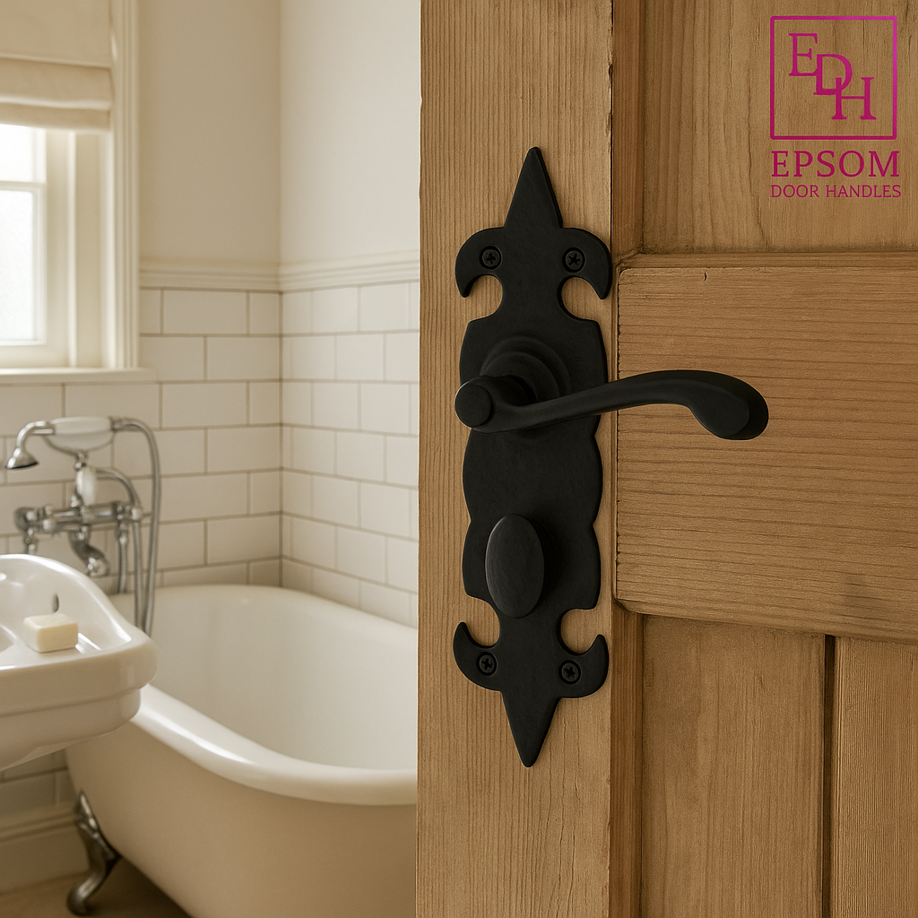 Black Cast Iron Fleur-de-Lys Bathroom Door Handles – Antique Privacy Lever Set