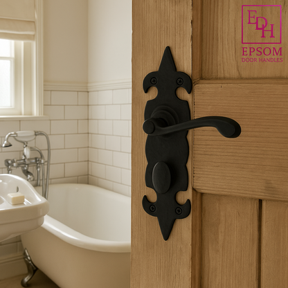 Black Cast Iron Fleur-de-Lys Bathroom Door Handles – Antique Privacy Lever Set