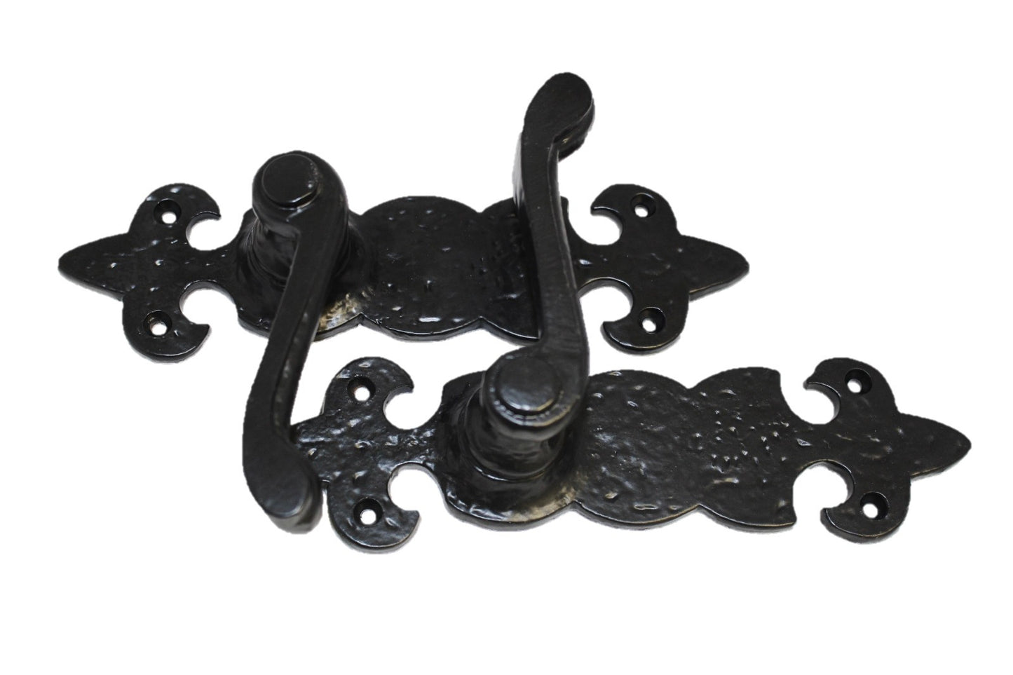 Black Cast Iron Fleur-de-Lys Lever Lock Door Handles  Ornate Antique Internal