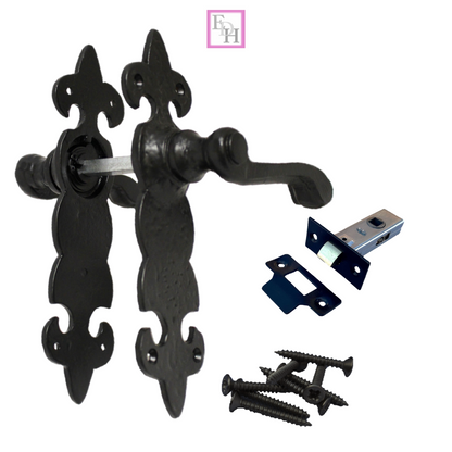 Black Cast Iron Fleur-de-Lys Lever Lock Door Handles  Ornate Antique Internal
