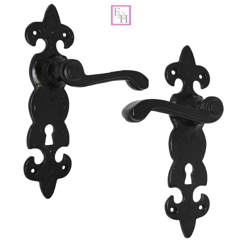 Black Cast Iron Fleur-de-Lys Lever Lock Door Handles  Ornate Antique Internal