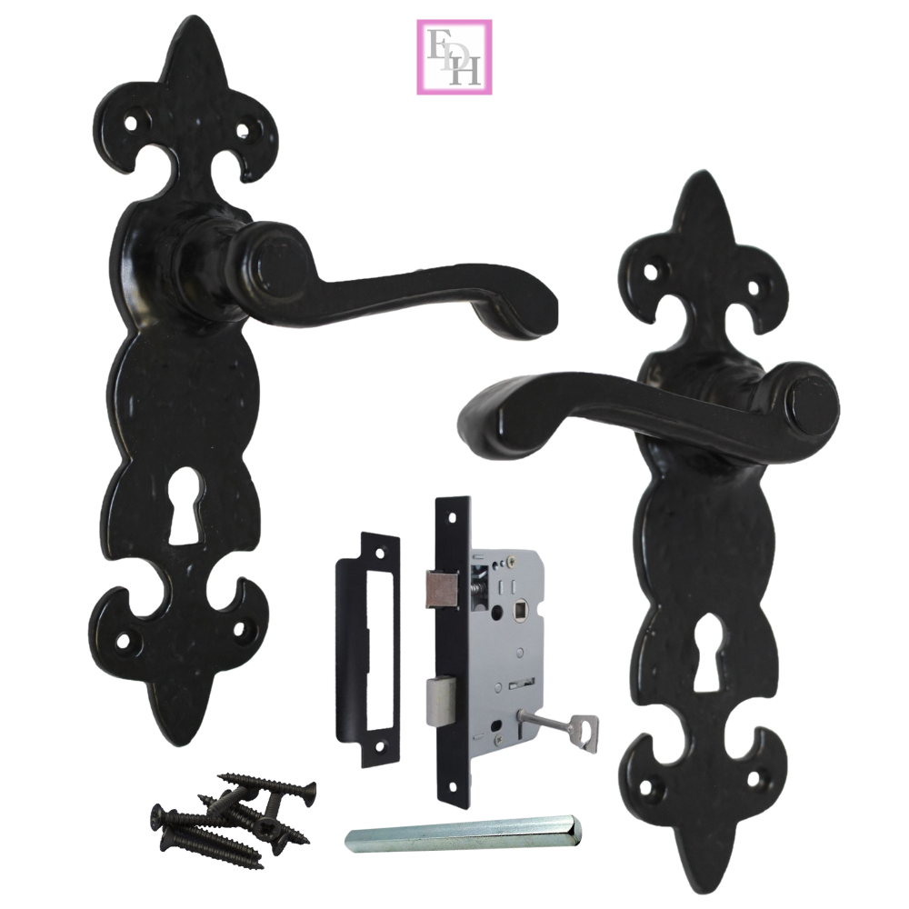 Black Cast Iron Fleur-de-Lys Lever Lock Door Handles  Ornate Antique Internal