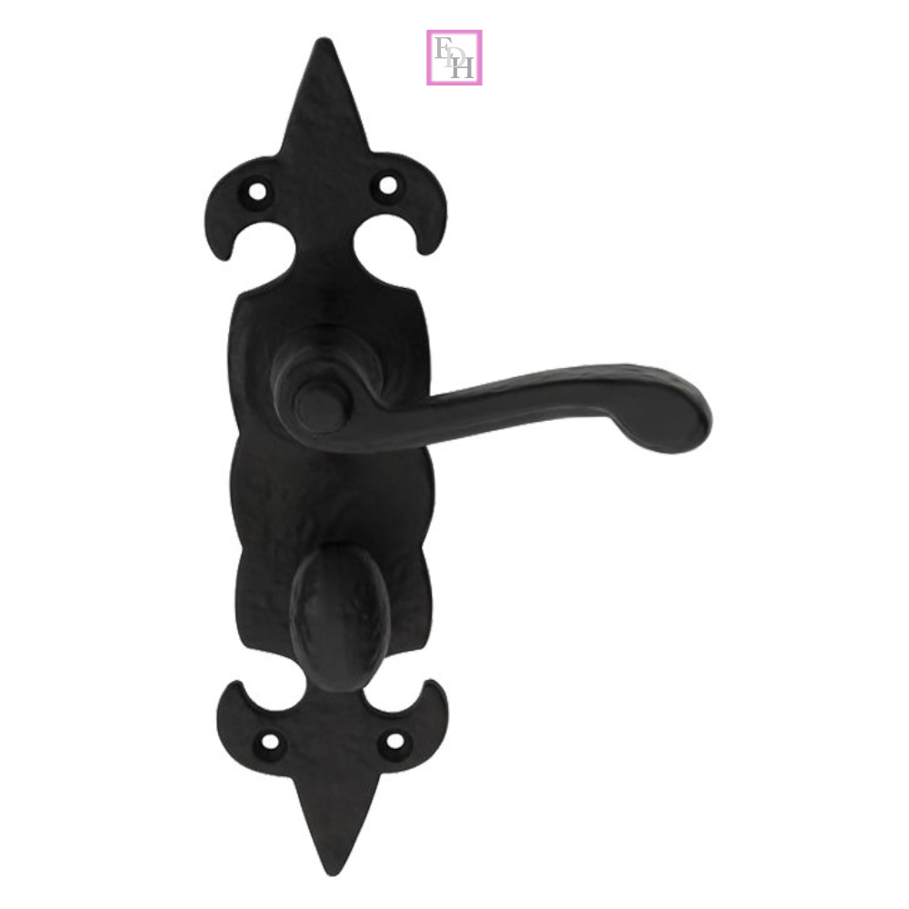 Black Cast Iron Fleur-de-Lys Lever Lock Door Handles  Ornate Antique Internal