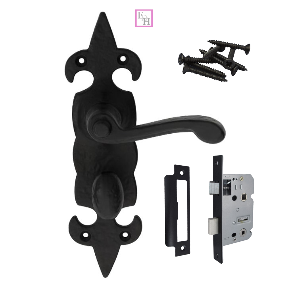Black Cast Iron Fleur-de-Lys Lever Lock Door Handles  Ornate Antique Internal