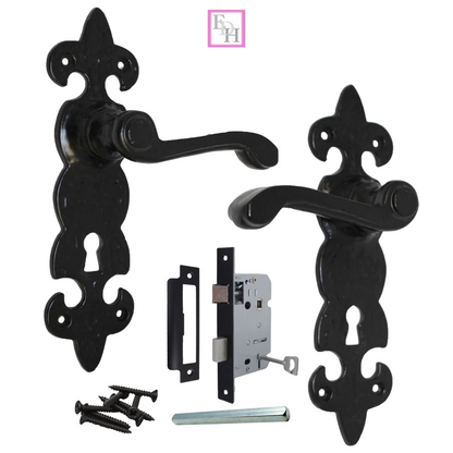 Black Cast Iron Fleur-de-Lys Lever Door Handles Antique Latch Handles+Latch Sets