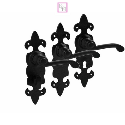 Black Cast Iron Fleur-de-Lys Door Handles Ornate Antique Lever Latch & Lock Sets