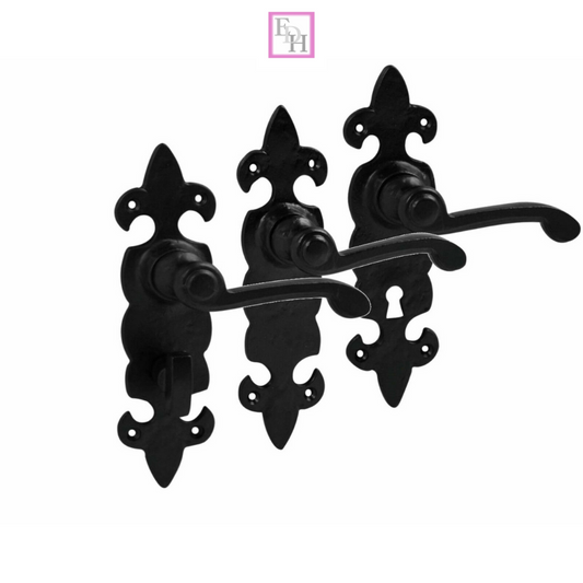Black Cast Iron Fleur-de-Lys Door Handles Ornate Antique Lever Latch & Lock Sets