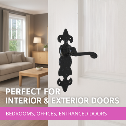 Black Cast Iron Fleur-de-Lys Door Handles Ornate Antique Lever Latch & Lock Sets