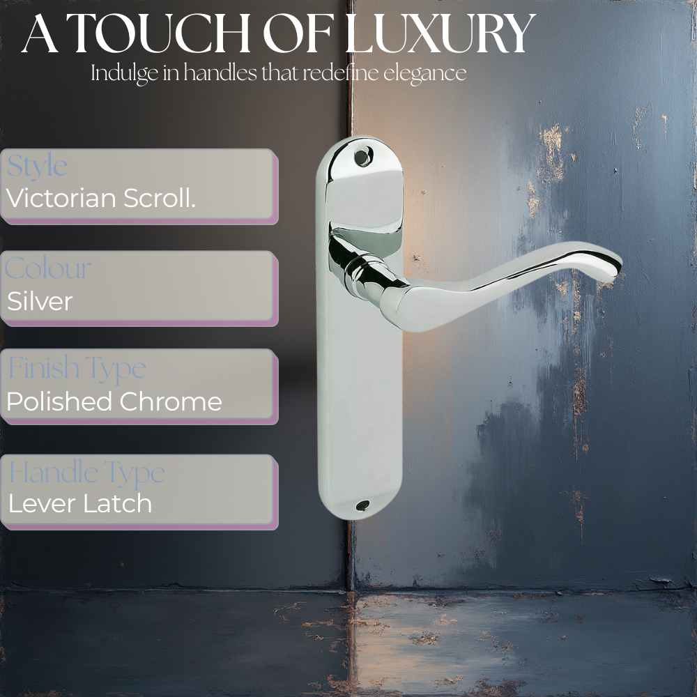 Door Handles Cadenza Chrome Scroll on Backplate, Latch, Lock & Bathroom Sets