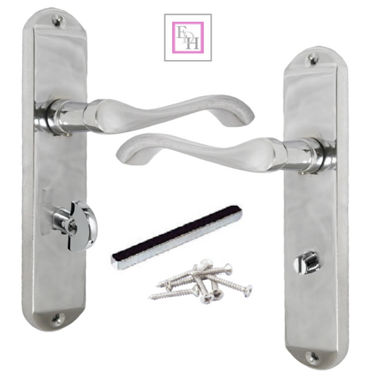 Cadenza Chrome Scroll Door Handles on Backplate – Bathroom Lock Set