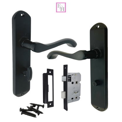 Cadenza Modern Matt Black Scroll Door Handles  Bathroom Lock Handle 178mm x 40mm