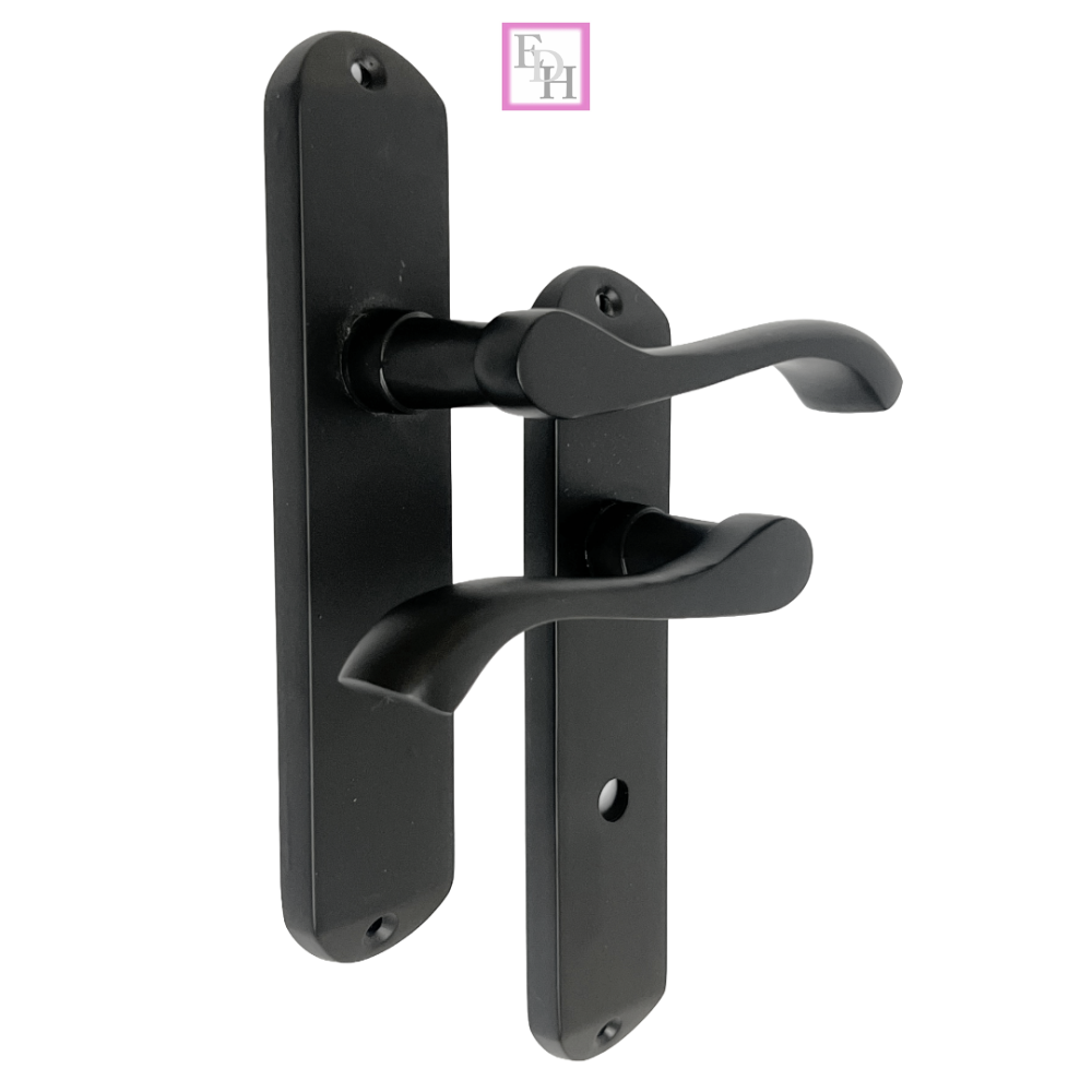 Cadenza Modern Matt Black Scroll Door Handles  Bathroom Lock Handle 178mm x 40mm