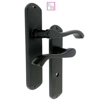 Cadenza Modern Matt Black Scroll Door Handles  Bathroom Lock Handle 178mm x 40mm