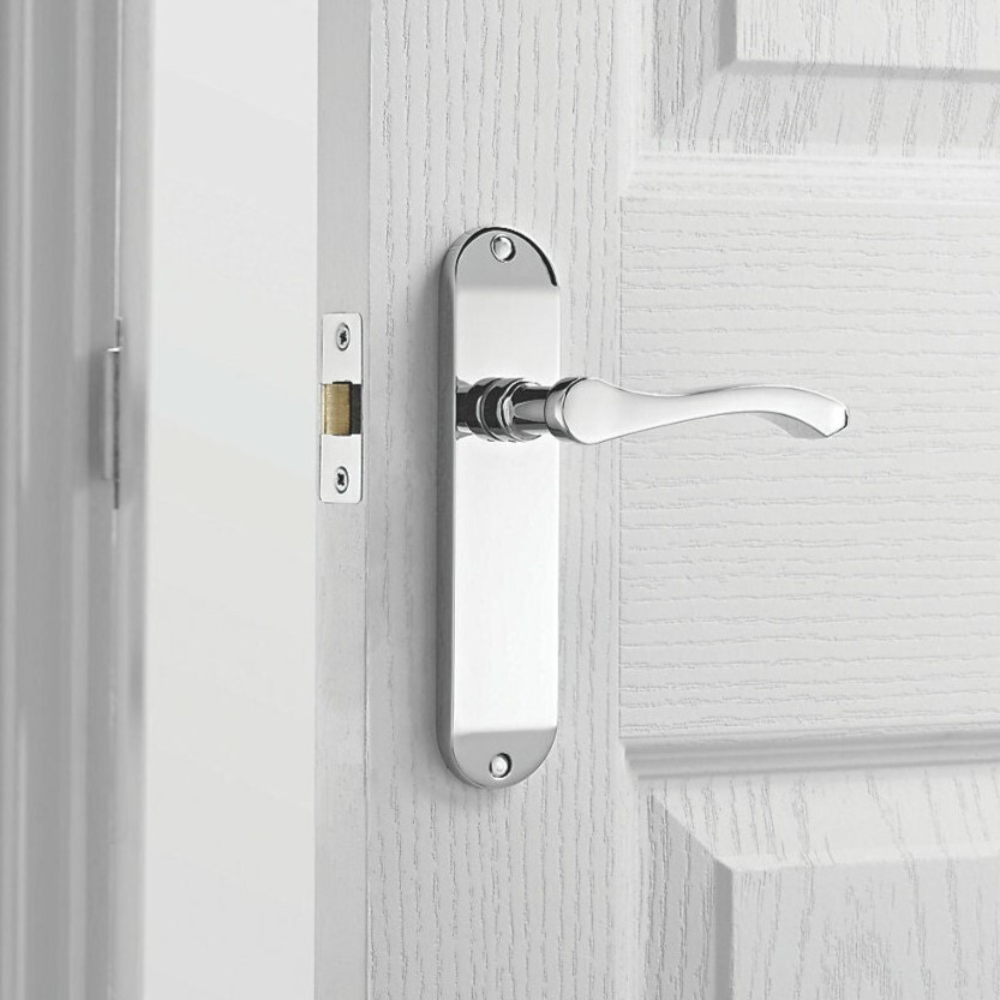 Door Handles Cadenza Chrome Scroll on Backplate, Latch, Lock & Bathroom Sets